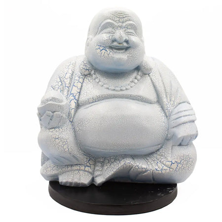 White cracked-finish laughing buddha statue seated in meditative pose on black base with sky blue crackle glow lamp