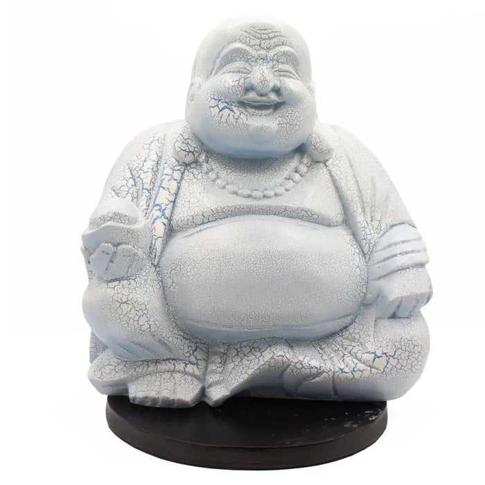 White cracked-finish laughing buddha statue seated in meditative pose on black base with sky blue crackle glow lamp