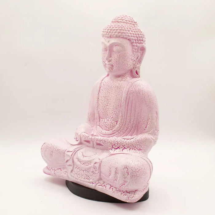 Pink cracked resin buddha glow lamp with cherry crackle effect and black base for meditation decor