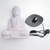 White cracked-finish buddha glow lamp with lavender crackle effect on black base and cord for meditation lighting