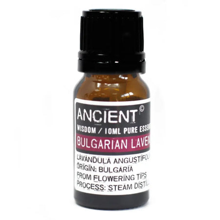 A small amber glass bottle of bulgarian lavender essential oil with a black cap and white ancient wisdom label