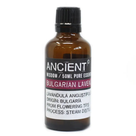 A 50ml amber glass bottle of bulgarian lavender essential oil with a black cap and label showing steam distillation details