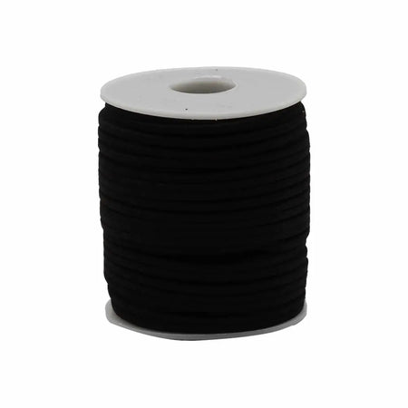 Black faux suede elastic cord on a white plastic spool for bulk roll pendant cord crafting and jewelry making