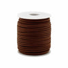 A bulk roll pendant cord made of dark brown faux suede neatly wound on a white plastic core spool