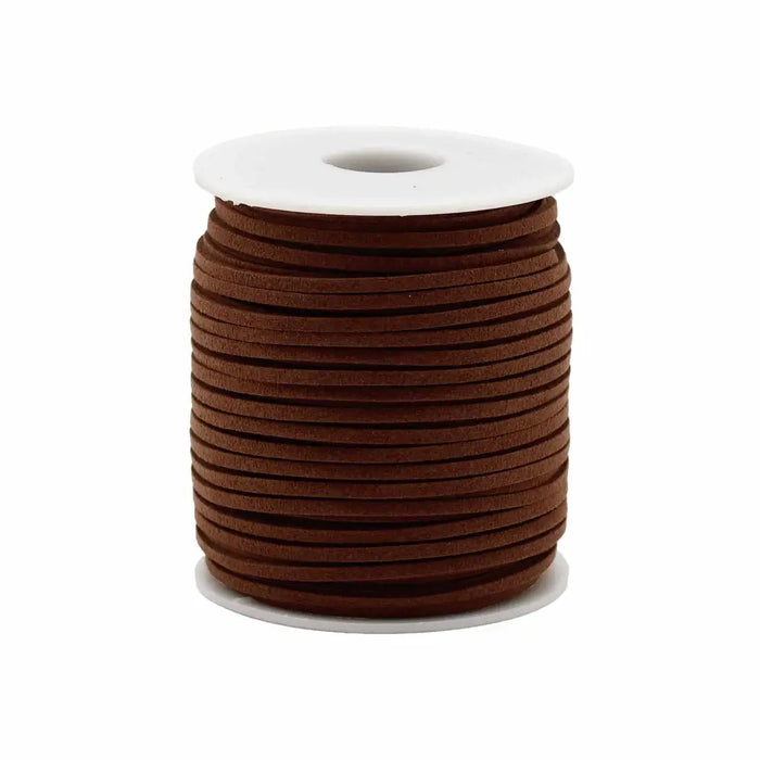 A bulk roll pendant cord made of dark brown faux suede neatly wound on a white plastic core spool