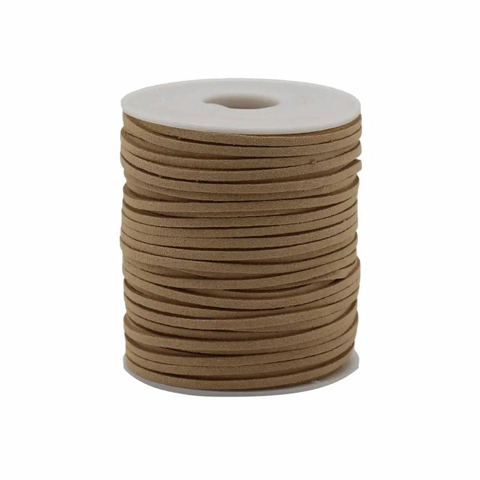 A bulk roll pendant cord of tan faux suede neatly wound on a white plastic core showing the suede texture