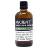 A brown glass bottle with black cap labeled calendula organic base oil 100ml for skin cell regeneration and allergen declarations