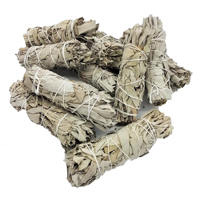 A bundle of californian white sage smudge sticks tied with white twine in 10cm and 15cm sizes