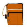 Canvas laptop travel pouch in orange cotton with black zipper trim and beige horizontal stripe visible on side