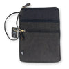 Canvas laptop travel pouch in stonewash charcoal with black cotton tablet sleeve zipper closure and leather accents
