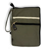 Canvas tablet pouch in olive green with black zipper trim cream stripe and leather accents made of canvas material