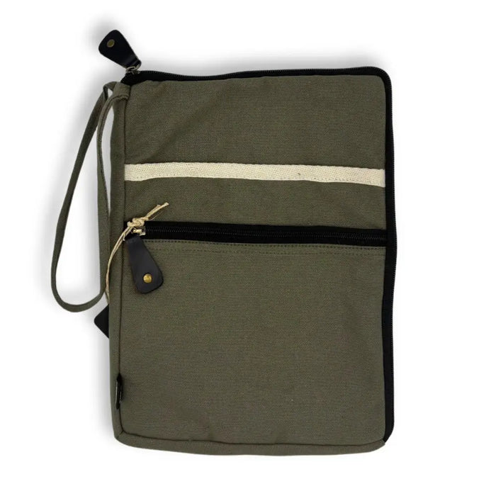 Canvas tablet pouch in olive green with black zipper trim cream stripe and leather accents made of canvas material