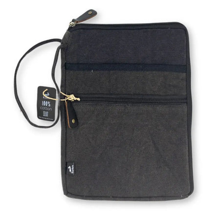 Black cotton canvas tablet pouch with zipper closure and leather accents in stonewash charcoal color