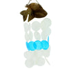 Brown coconut shell fish-shaped wind chime with blue and white capiz shells hanging below