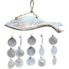 A rustic light blue wooden fish wind chime with capiz shells and wood beads hanging on five strings