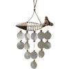 Capiz shell wind chime with handwoven raffia fish and translucent white capiz shells hanging on natural strings