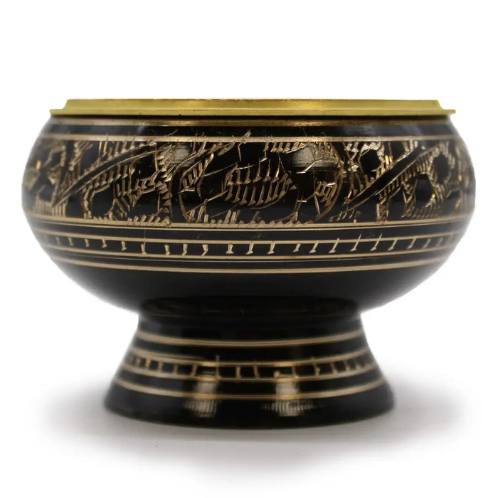 Black ceramic charcoal burner with intricate gold dragon motifs and a matching gold rim for incense burning