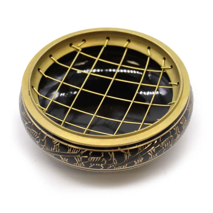 Gold-toned brass incense jar with black interior and detailed engraved patterns around the rim