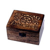 Hand carved mango wood aromatherapy box with dark brown finish floral patterns and black metal clasp holds essential oils