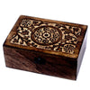 Carved mango wood aromatherapy box with floral patterns dark brown finish and black latch holds 24 essential oils
