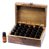 Wooden mango wood aromatherapy box with 24 black-capped essential oils bottles and one amber rosemary bottle beside it