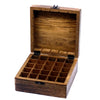A rustic carved mango wood aromatherapy box with hinged lid and 16 compartments for essential oils storage