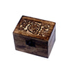 A dark brown carved mango wood aromatherapy box with floral lid and black clasp holds six essential oils