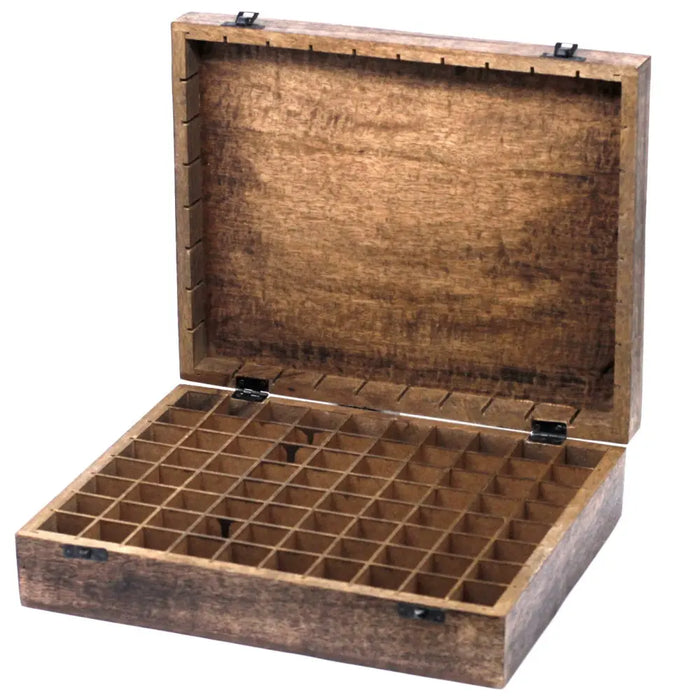 A rustic brown carved mango wood aromatherapy box with 80 small compartments and black metal hinges and latches