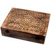 A rectangular mango wood aromatherapy box with floral carvings and dark metal hinges that holds 80 items