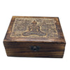 Dark brown mango wood keepsake box with a carved buddha figure in meditative pose and textured patterns on the lid