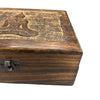 A rustic dark brown mango wood keepsake box with an intricately carved golden brown Buddha emblem and metal latch