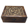 Dark brown mango wood keepsake box with carved om symbol floral patterns and a small metal clasp on the lid
