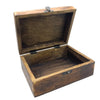 A rustic brown carved mango wood keepsake box with a hinged lid black metal hinges and latch showing the tree of life design