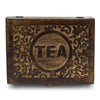 Dark brown mango wood tea box with intricate floral carvings and a central circular tea design with 12 compartments
