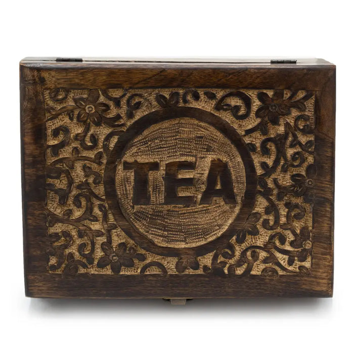 Dark brown mango wood tea box with intricate floral carvings and a central circular tea design with 12 compartments