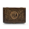 Dark brown carved mango wood tea box with six compartments and floral details featuring a central tea emblem