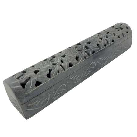 Gray soapstone incense box with intricate floral carvings and cut-out patterns for soapstone incense storage