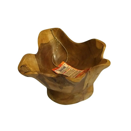 Carved teak root bowl round medium with a warm golden brown finish and natural organic shape made of wood