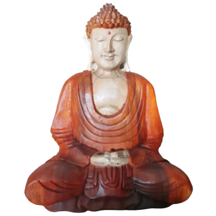 A serene carved wood buddha statue in suar wood with an orange-red robe seated in meditation 30cm tall