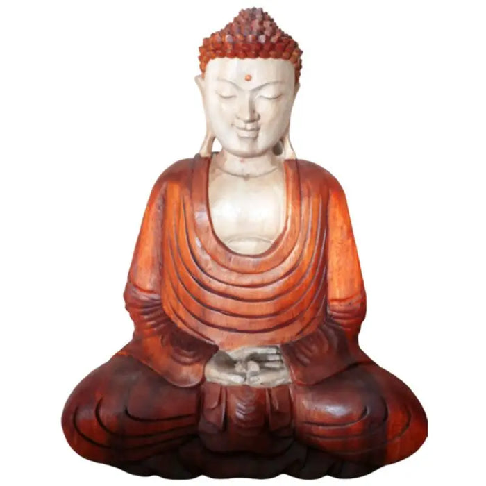 Carved wood buddha statue in suar wood with warm orange tones and detailed robes for meditation 40cm tall