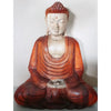 A 40cm carved suar wood buddha statue with a white face and reddish-brown robe seated in meditation