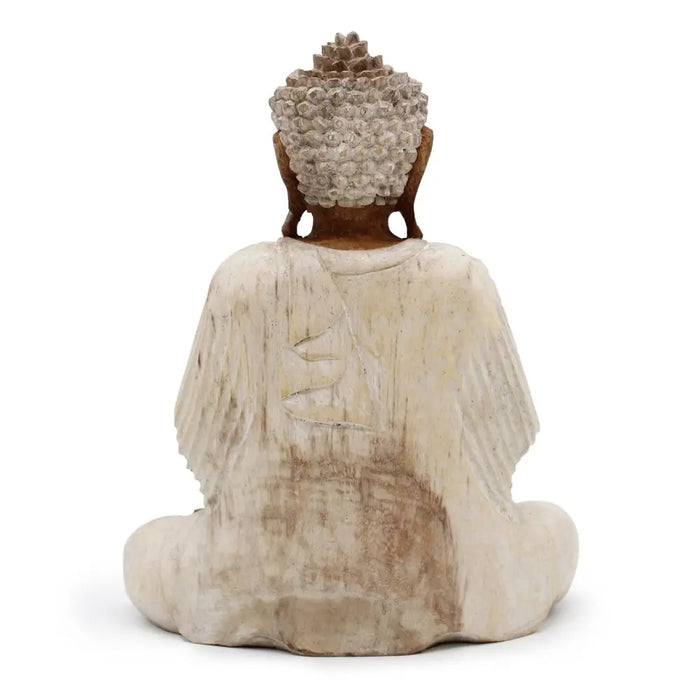 A rustic off-white carved wood buddha statue with textured curly hair made from suar wood 30cm tall