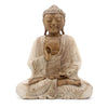 Carved wood buddha statue in natural light beige suar wood with serene expression and detailed robes 30cm tall