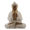 Hand carved suar wood buddha statue in whitewash with detailed lotus hair and serene expression 30cm tall