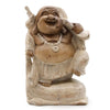 Hand carved happy buddha statue in natural suar wood with whitewash finish detailed robes and beaded necklace 30cm tall
