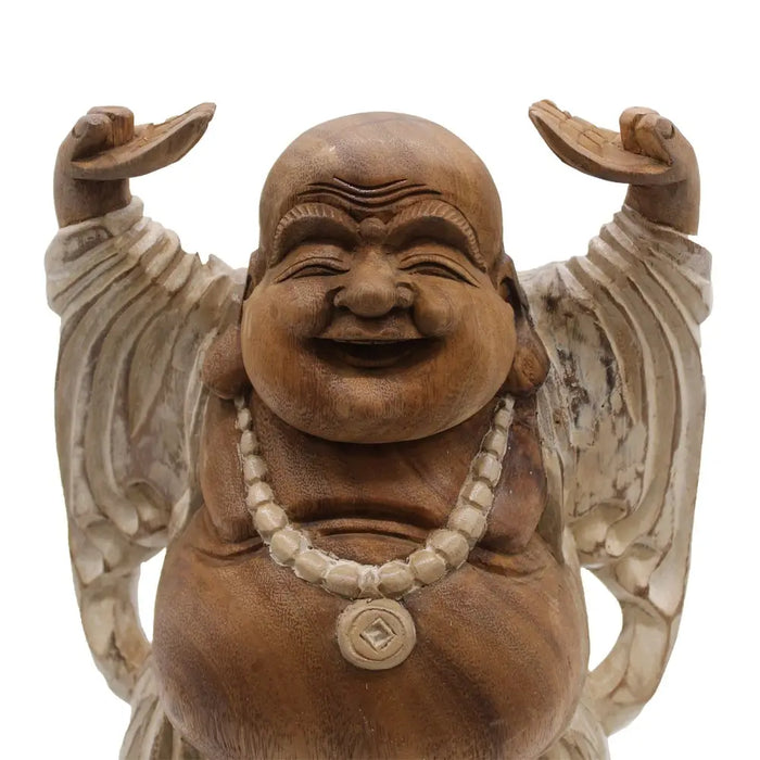 Hand carved suar wood happy buddha statue with raised hands whitewash finish and beaded necklace 40cm tall