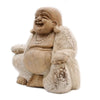 Hand-carved 30cm whitewash suar wood happy buddha statue with detailed facial features and draped robes