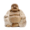 Hand-carved suar wood happy buddha statue with whitewash finish and detailed robes measuring 30cm tall