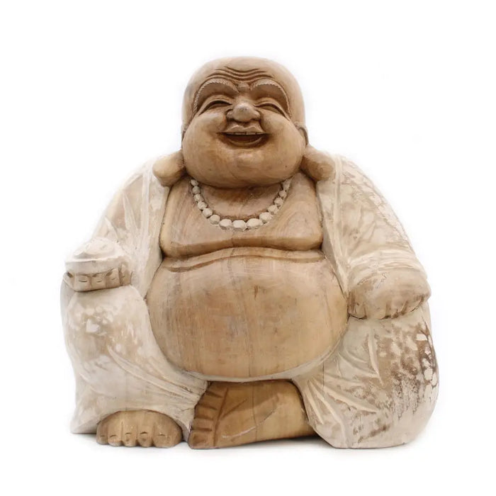 Hand-carved suar wood happy buddha statue with whitewash finish and detailed robes measuring 30cm tall