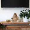 Wooden happy buddha statue carved from light-colored suar wood with a beaded necklace in whitewash finish 40cm tall